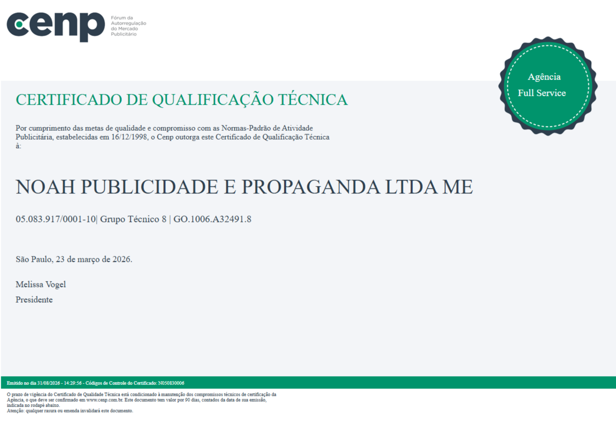 Certificado de Qualificação Técnica CENP da NOAH Publicidade e Propaganda